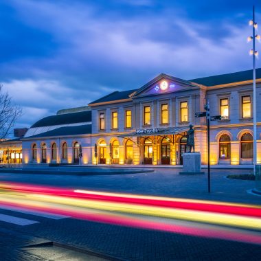 night image with reflection of the central station of zwolle